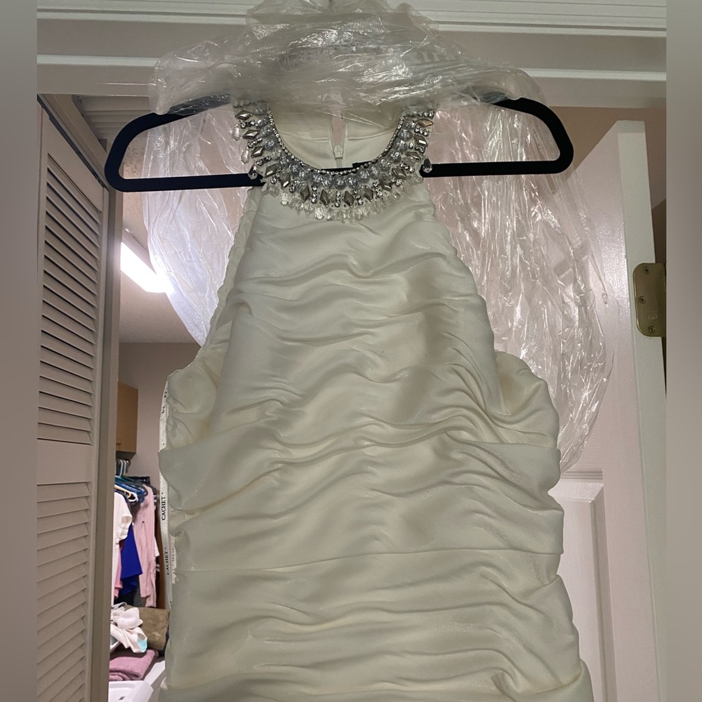 Stunningly elegant Cache White gown with hand sewn Swarovski crystals.